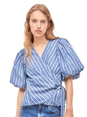 H&M blue striped wrap blouse